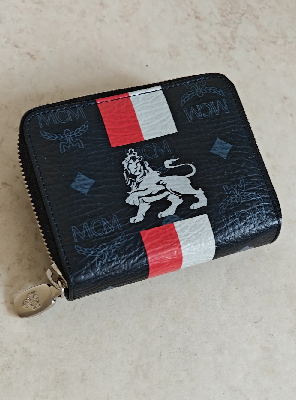 Authentic MCM Lion Black Leather Zip Compact Wallet